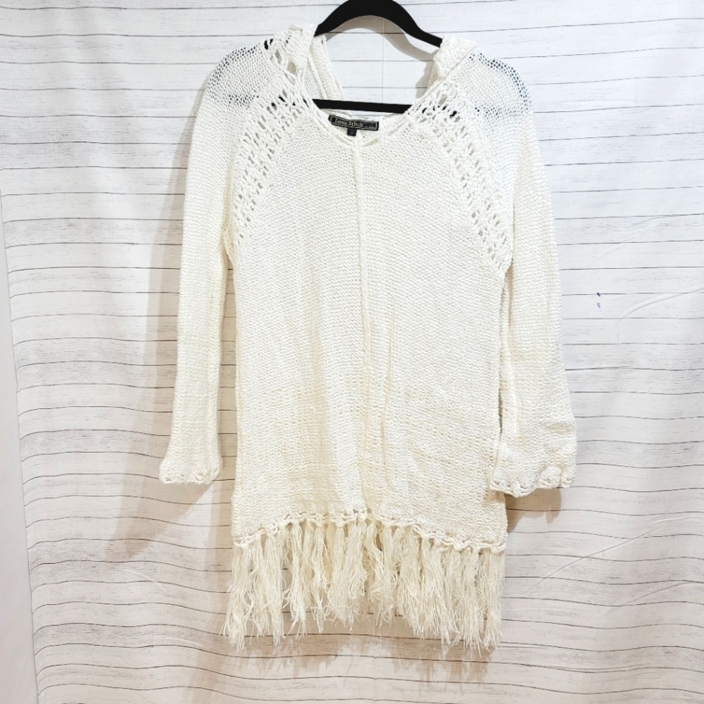 LOVESTICH CROCHET DETAIL CABLE KNIT FRINGE HOODIE SZ SMALL